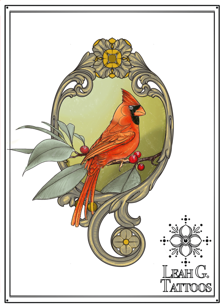 Custom Drawn Cardinal Tattoo. Tattooing out of Missoula, Montana at Montana Tattoo Company.