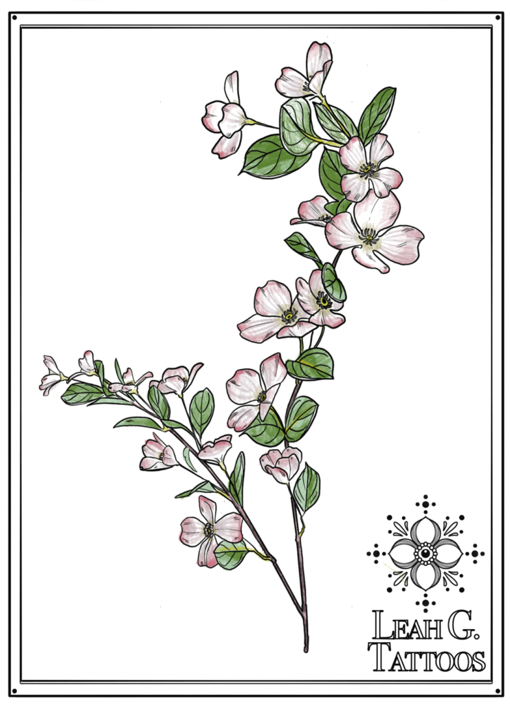 Custom Drawn Dogwood Tattoo. Tattooing out of Missoula, Montana at Montana Tattoo Company.