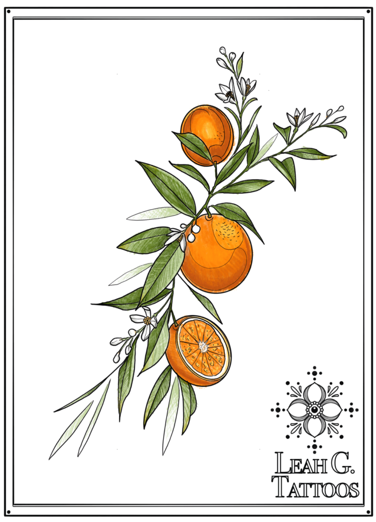 Custom Drawn Tattoo of Oranges. Tattooing out of Missoula, Montana at Montana Tattoo Company.