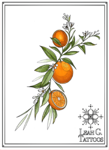 Custom Drawn Tattoo of Oranges. Click on the photo to claim this tattoo. Tattooing out of Missoula, Montana at Montana Tattoo Company.